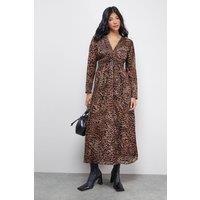 Warehouse Women's Petite Burnout Velvet Plunge Neck Waisted Midi Dress in Animal | Size: 12