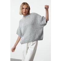 HOXTON GAL Women's Oversized Ribbed Crew Neck Short Sleeve Knit Sweater in Grey | Size: Small