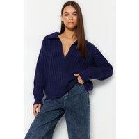 HOXTON GAL Women's Relaxed Fit V-Neck Ribbed Knit Long Sleeve Polo Collar Sweater Jumper in Navy | Size: Medium