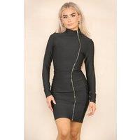 ELAINA FASHION Women's Mock O Neck Front Full Zip Micro Mini Bodycon Dress in Black | Size: 10