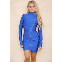 ELAINA FASHION Women's Mock O Neck Front Full Zip Micro Mini Bodycon Dress in Navy | Size: 8
