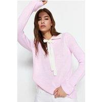 HOXTON GAL Women's Knit Sweater with Contrast Collar & Front Ribbon Bow Tie Detail in Light Pink | Size: Small