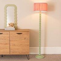 ValueLights Bobbins Sage Green Floor Lamp with Ruched Pleated Drum Lamp Shade & LED Bulb in Pale Pink