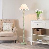 ValueLights Bobbins Sage Green Floor Lamp with Tapered Linen Scallop Shade & LED Bulb in Pale Blue