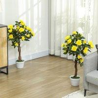 OUTSUNNY Set of 2 90cm Artificial Rose Tree, Fake Decorative Plant in Yellow