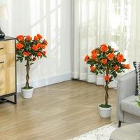 OUTSUNNY Set of 2 90cm Artificial Rose Tree, Fake Decorative Plant in Orange