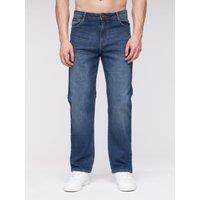 Henleys Breeze Men's Straight-Fit Stretch Denim Jeans with Woven Label Detail in Mid Blue | Size: W32 L32