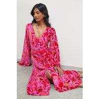 Warehouse Women's Devore Plunge Neck Waisted Midi Dress in Pink | Size: 12