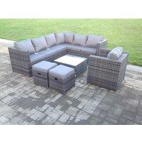 Fimous Rattan Garden Furniture Corner Sofa Set Square Coffee Table Chair Footstools Right Hand Option in Dark Grey