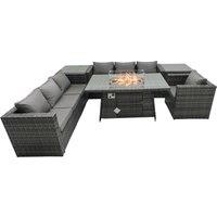 Fimous Rattan Garden Furniture Firepit Dining Set 7 Seater Lounge Sofa Table Set with 2 side table in Dark Grey