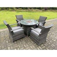 Fimous Rattan Garden Furniture Gas Fire Pit Round Dining Table Gas Heater & Dining Chairs 4 Seater in Dark Grey