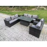 Fimous Outdoor Rattan Garden Furniture Height Adjustable Rising Lifting Table Sets Lounge Chairs 8 Seater in Dark Grey