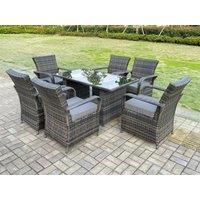 Fimous Rattan Garden Furniture Dining Set Table & Chairs WiCker Patio Outdoor 6 Chairs Plus Rectangular Table in Dark Grey