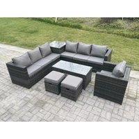 Fimous 9 Seater Rattan Corner Sofa Set With Square Side Table & Oblong Rectangular Coffee Tea Table Chair in Dark Grey