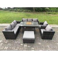 Fimous Rattan Garden Furniture Set Gas Fire Pit Lounge Sofa Chair Dining Set with Arm Chair Stools in Dark Grey