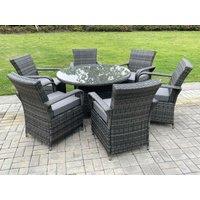 Fimous Rattan Garden Furniture Dining Set Table & Chairs WiCker Patio Outdoor 6 Chairs Plus Big Round Table in Dark Grey