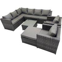 Fimous Patio Furniture Sets with Corner Sofa Square Coffee Table Big Stool in Dark Grey