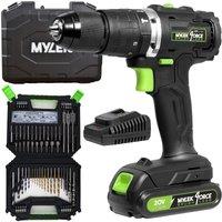MYLEK Cordless Brushless Impact Hammer Drill 20V & 128 Piece Accessory Kit in Black