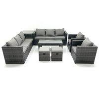 Fimous Rattan Garden Furniture Sofa Set with Coffee table Armchair Side Table 2 Small Footstools Dark Grey Mixed