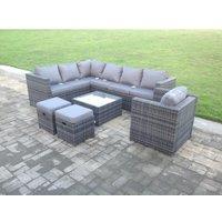 Fimous Rattan Garden Furniture Corner Sofa Set Square Coffee Table Chair Footstools Left Hand Option in Dark Grey