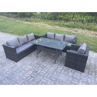 Fimous Outdoor Lounge Sofa Garden Furniture Set Rattan Rectangular Table Patio Chair 7 Seater in Dark Grey