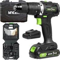 MYLEK Cordless Brushless Impact Hammer Drill 20V & 56 Piece Accessory Kit in Black