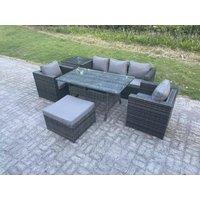 Fimous PE Wicker Rattan Garden Furniture Set Outdoor Rectangular Dining Table Side Table Stool 6 Seater in Dark Grey