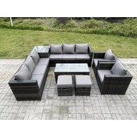 Fimous 10 Seater Rattan Corner Sofa Set With Square Side Table & Oblong Rectangular Coffee Tea Table Arm Chair in Dark Grey