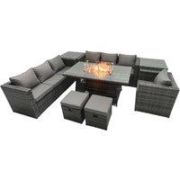 Fimous Rattan Garden Furniture Firepit Dining Set 9 Seater Lounge Sofa Table Set with 2 Side Table 2 Footstool in Dark Grey