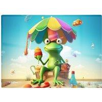 Warren Reed - Designer Frog On A Beach Holiday Glass Chopping Board in Yellow
