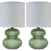 First Choice Lighting Walter - Set of 2 Green Ribbed Glass 29cm Table Lamps with White Shade
