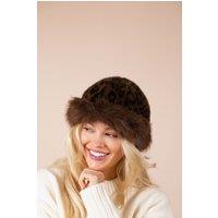 SVNX Women's Leopard Faux Fur Hat in Brown
