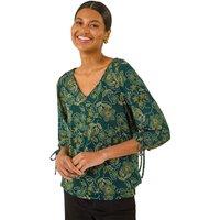 Roman Women's Floral V-Neck Stretch Top in Olive | Size: 16