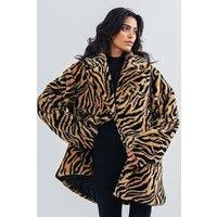 Zafosh Women's Faux Fur Tiger Print Relaxed Fit Over coat in Brown | Size: Large