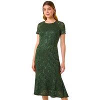 Roman Women's Leaf Lace Sequin Midi Dress in Green | Size: 16