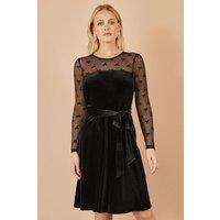 Yumi Women's Black Velvet Skater Dress With Mesh Bow Sleeves | Size: 8