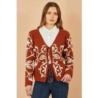 Yumi Women's Brown Folk Embroidered Tie Front Cardigan | Size: Medium
