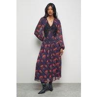 Warehouse Women's Printed Chiffon Plunge Neck Pleated Maxi Dress in Black | Size: 14