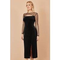 Yumi Women's Black Velvet Midi Dress With Slash Neckline & Sheer Sleeves | Size: 8