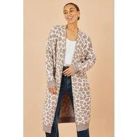 Yumi Women's Beige Animal Print Intarsia Long Cardigan | Size: Medium/Large