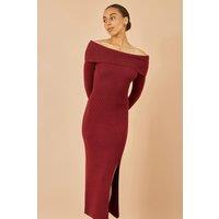 Yumi Women's Burgundy Bardot Knitted Fitted Midi Dress | Size: Medium