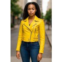 Infinity Leather Women's Cropped Brando Leather Biker Jacket-Durban in Yellow | Size: 14