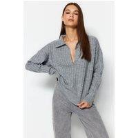 HOXTON GAL Women's Relaxed Fit V-Neck Ribbed Knit Long Sleeve Polo Collar Sweater Jumper in Grey | Size: Small