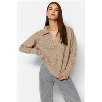 HOXTON GAL Women's Relaxed Fit V-Neck Ribbed Knit Long Sleeve Polo Collar Sweater Jumper in Medium Beige