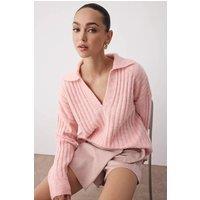 HOXTON GAL Women's Relaxed Fit V-Neck Ribbed Knit Long Sleeve Polo Collar Sweater Jumper in Light Pink | Size: Medium