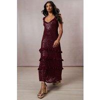 Oasis Women's Occasion Sequin Ruffle Midaxi Dress in Berry | Size: 12