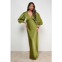 Oasis Women's Satin V Neck Balloon Sleeve Bias Midi Dress in Olive | Size: 14
