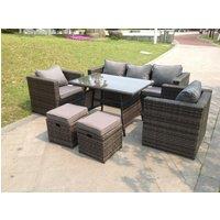 Fimous Rattan Garden Outdoor Sofa Set Chairs Rectangular Dining Table 2 Small Footstools 7 Seater in Dark Grey