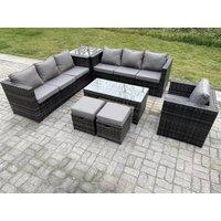 Fimous Outdoor Rattan Garden Furniture Lounge Sofa Set With Oblong Rectagular Coffee Table Arm Chair in Dark Grey