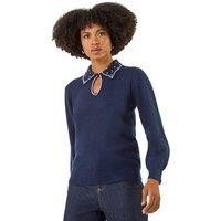 Roman Women's Faux Pearl Collared Keyhole Knit Jumper in Navy | Size: 14